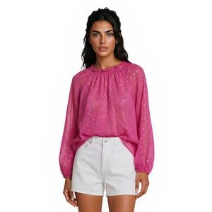 Lilly Pulitzer Silk Blouse Women's Size Large Pink Gold Metallic Dot Top